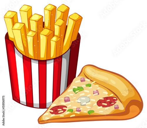 Slice of pizza and bag of frenchfries