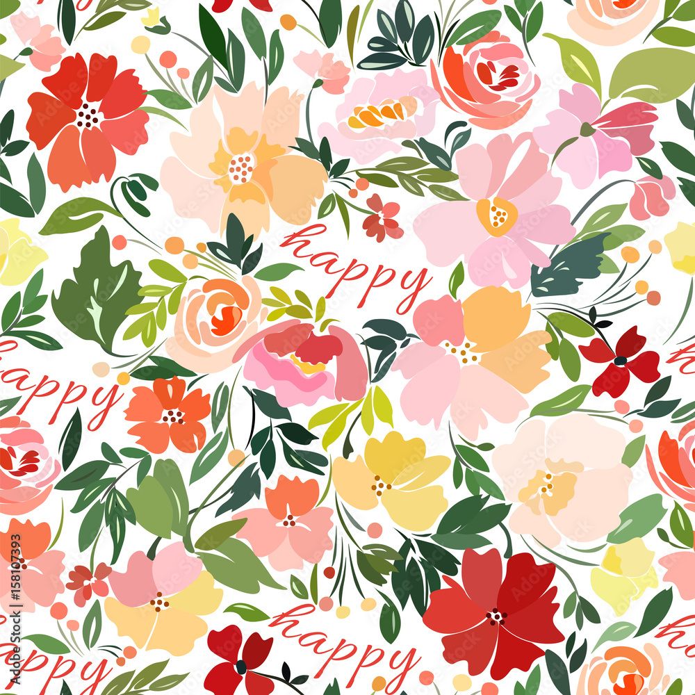 Seamless pattern with bright multicolor floral print and text