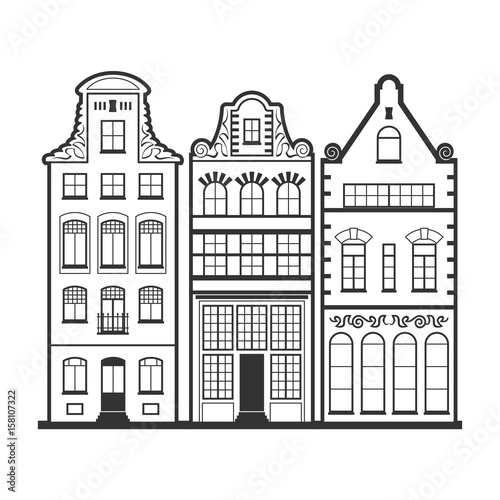 Set of 3 Amsterdam old houses facades. Traditional architecture of Netherlands. Line style black and white vector flat isolated illustrations in the Dutch style. For coloring, design, background. © primulakat