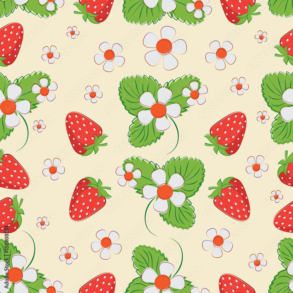 Strawberry pattern on a light background. Seamless pattern of berries, leaves and strawberry flowers. Market of farmers, packing of products. Strawberry pattern on a light background. Seamless pattern of berries, leaves and strawberry flowers. Market of farmers, packing of products.