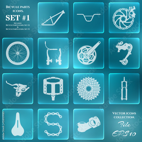 Icon set with symbols of spare parts and accessories for bicycles