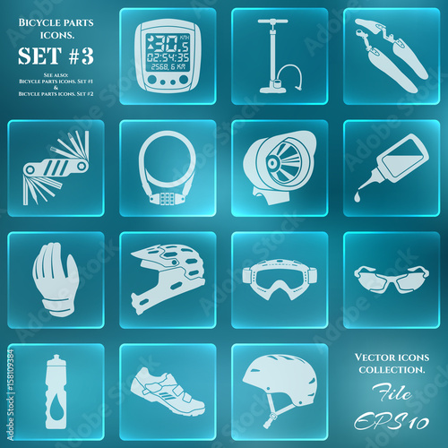 Icon set with symbols of spare parts and accessories for bicycles