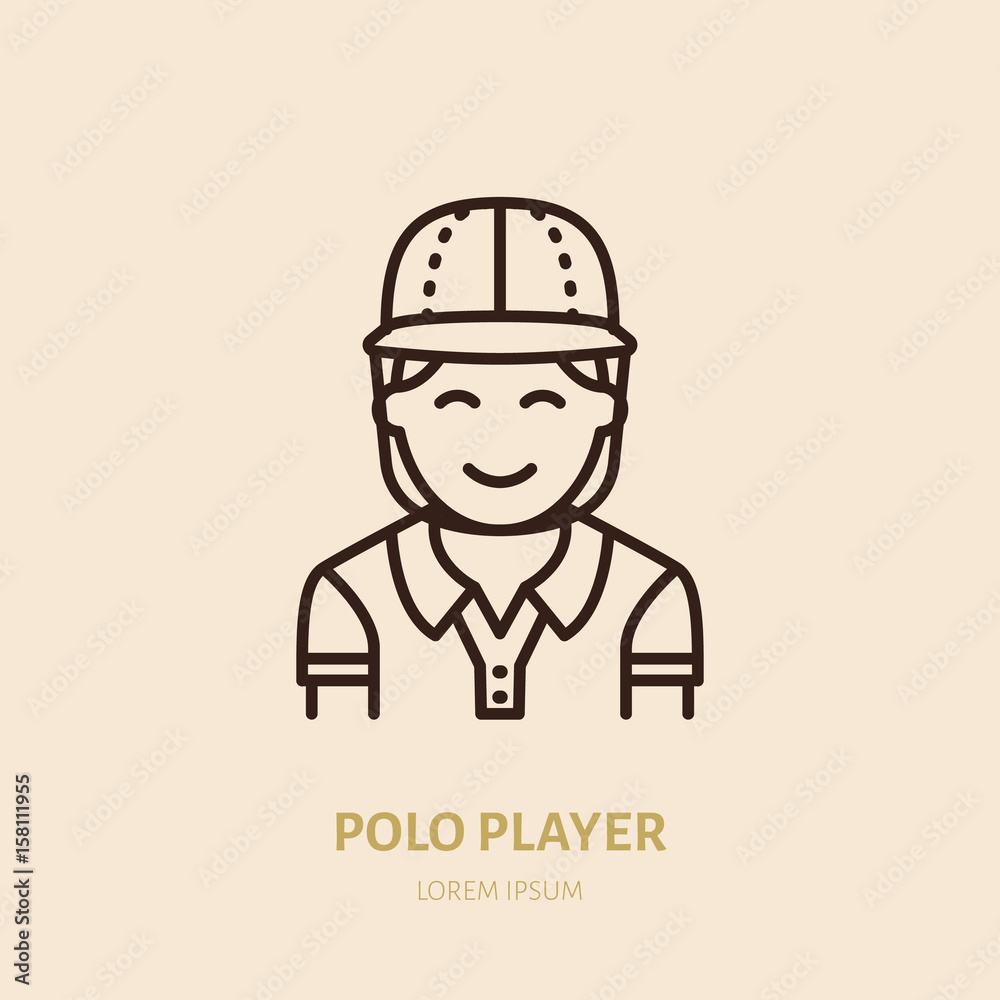 Horse polo player in shirt and helmet flat line icon. Logo for equestrian club, horserace equipment store.