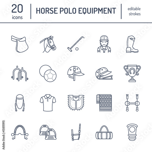 Horse polo flat line icons. Vector illustration of horses sport game, equestrian equipment - saddle, leather boots, harness, spurs. Linear signs set, championship pictograms for event, gear store.