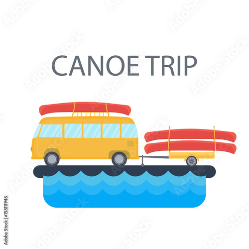 Yellow bus for traveling and camping with a trailer and canoe on the background of the river or the sea. Vector Illustration in the style of flat design for the design of the campsite