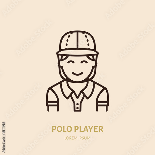 Horse polo player in shirt and helmet flat line icon. Logo for equestrian club, horserace equipment store.