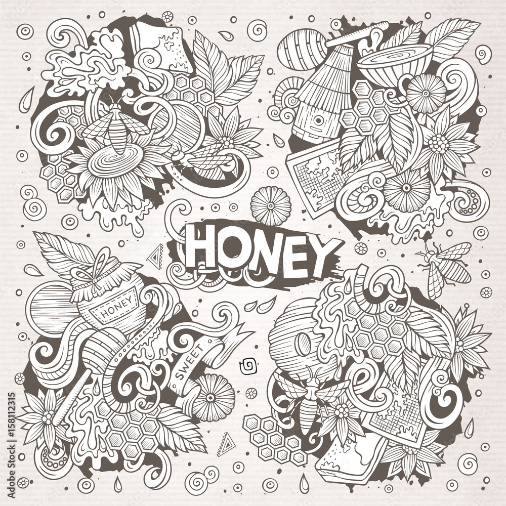 Vector cartoon set of Honey theme doodles design elements