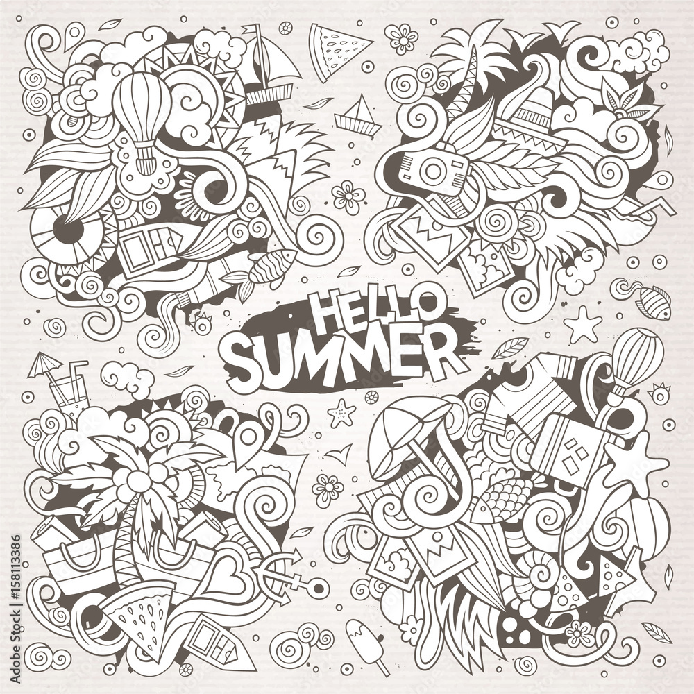 Line art vector set of summer doodle designs