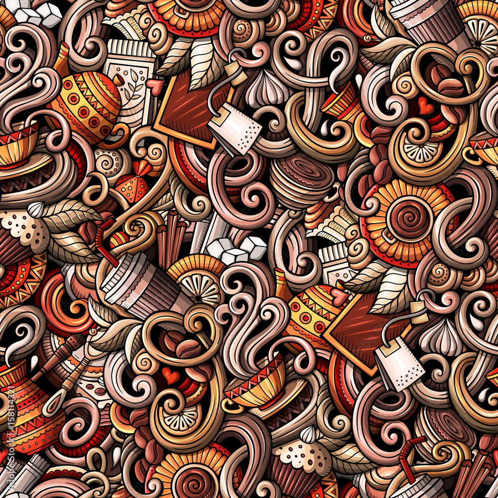 Cartoon hand-drawn doodles of cafe, coffee shop seamless pattern Cartoon hand-drawn doodles of cafe, coffee shop seamless pattern