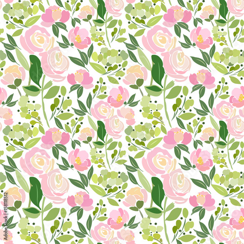 Abstract bouquet of roses, green foliage, blank to seamless pattern
