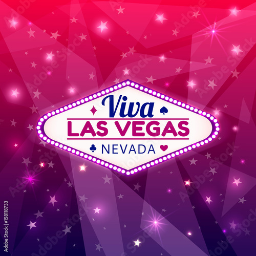 Las Vegas Casino Sign.Casino Neon Billboard Viva Las Vegas Nevada with Diamonds suit,Hearts suit,Spades symbol,Crest symbol in Frame of Light Bulbs on Neon Purple Shining Rays,Neon Stars Background