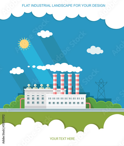 Flat waste incineration plant exterior with City in the background. Building, workers. recycling, nature care, alternative resource, incinerator concept. Vector background illustration