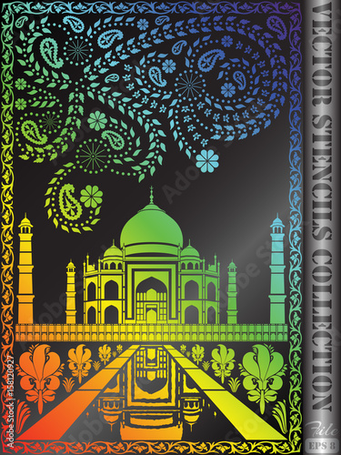 Stencil Taj Mahal with ornament made of flowers, leaves, stars.
