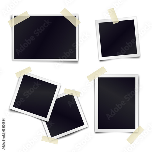 Vector Collection of blank photo frames sticked on duct tape to white background. Template mockups for design.