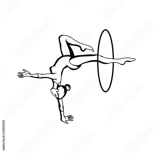 Art gymnastics with hoop. Young girl in sport gymnastic position.Vector illustration of a acrobatic girl. Young woman with a beautiful body. Sexy gymnast flat icon isolated on white background.