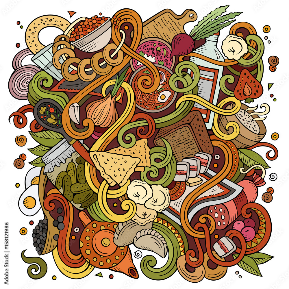 Cartoon cute doodles hand drawn Russian food illustration