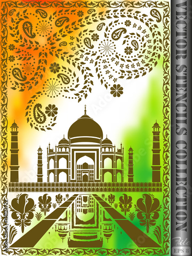 Stencil Taj Mahal with ornament made of flowers, leaves, stars.