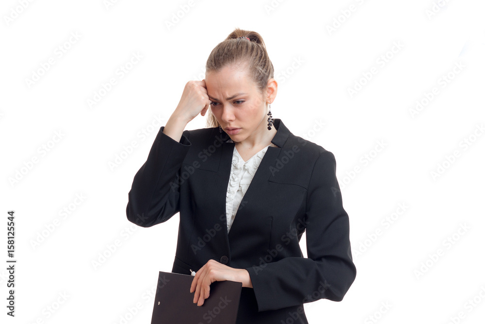 young girl tired standing in an Office suit and kept the ball for a head young girl tired standing in an Office suit and kept the ball for a head