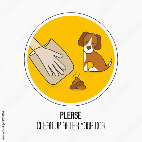 Prohibition sign: please clean up after your dog. Cute dog, hand in plastic package and poop. Ecological cleanliness concept thin line vector illustration.