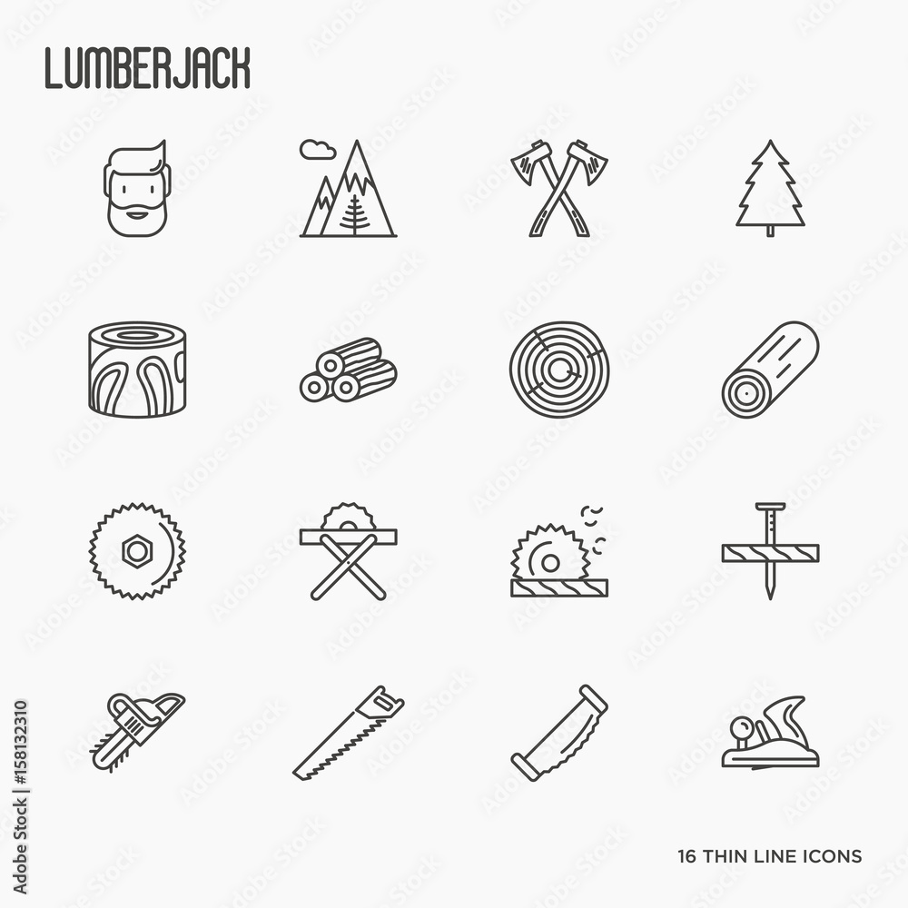 Logging and lumberjack with beard related thin line icons: jack-plane ...