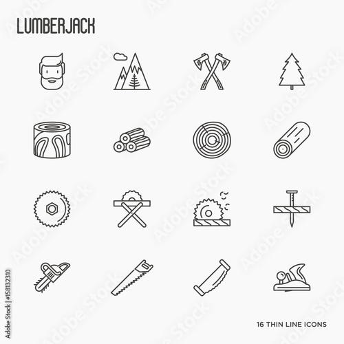 Logging and lumberjack with beard related thin line icons: jack-plane, sawmill, forestry equipment, timber, lumber. Vector illustration.