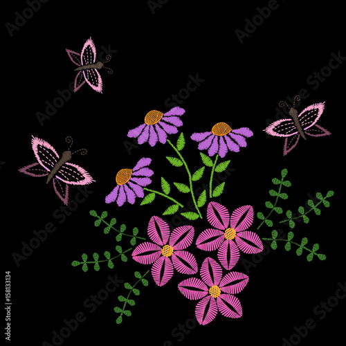 Embroidery stitches imitation flower with leaf and butterfly