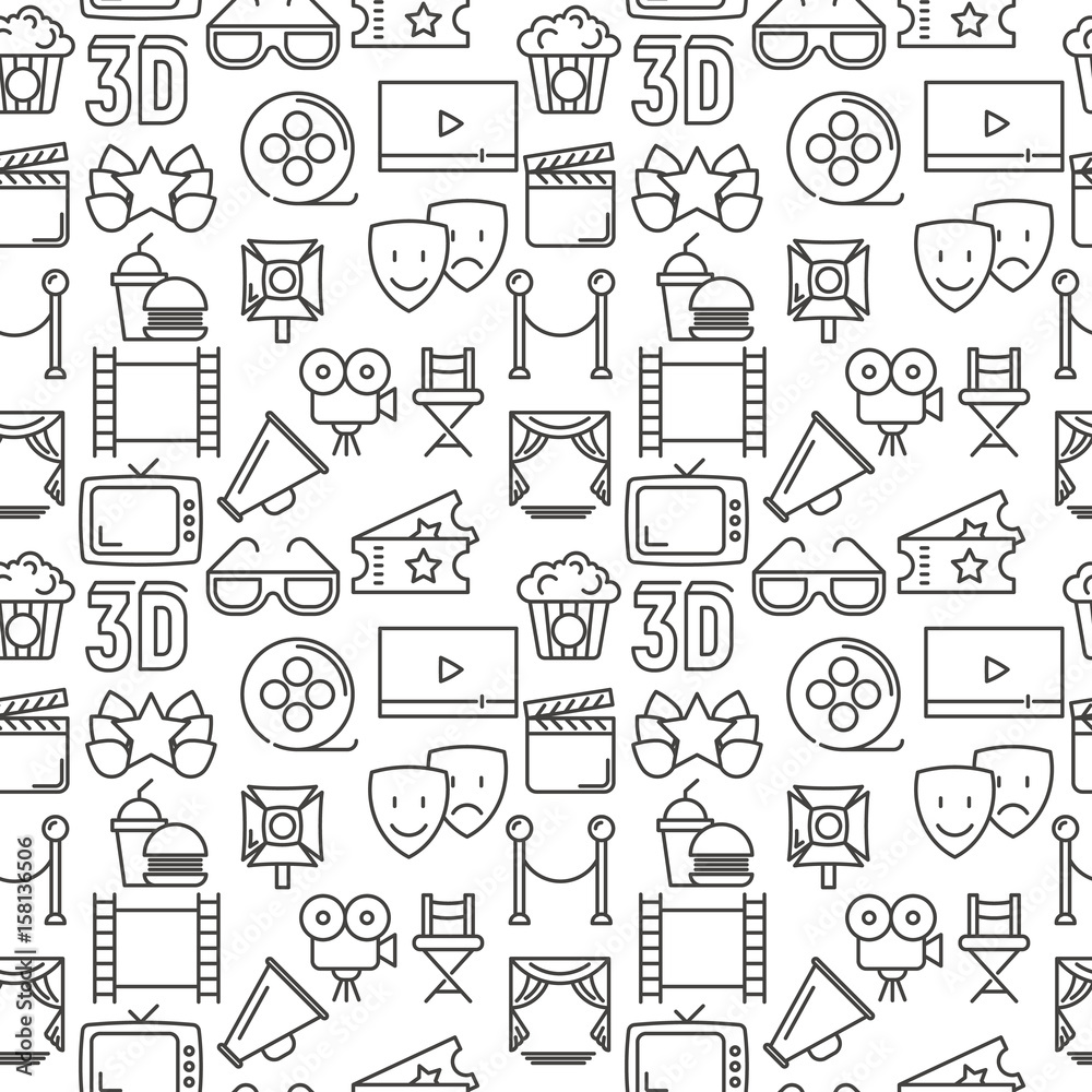Cartoon cinema seamless pattern with thin line icons. Movie vector illustration for background.