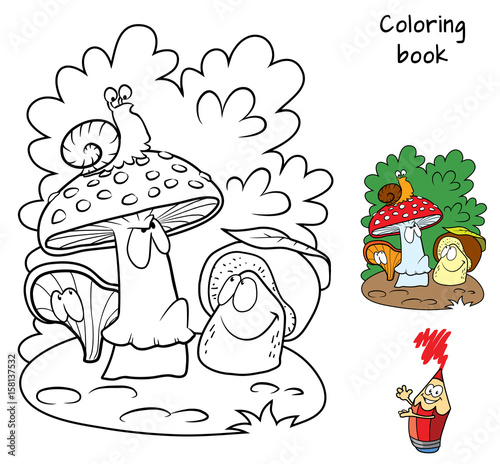 Mushrooms and snail. Coloring book. Cartoon vector illustration