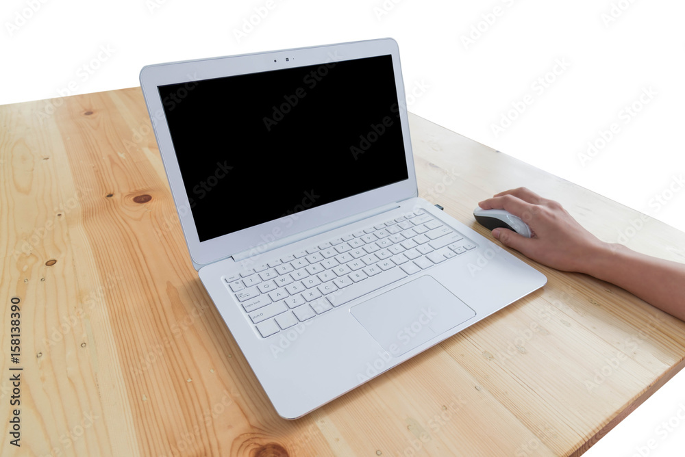 Modern White laptop computer, mouse , hand on wood table, working desk table concept Modern White laptop computer, mouse , hand on wood table, working desk table concept