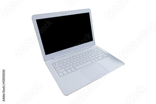 Modern White laptop computer, mouse , hand on wood table, working desk table concept