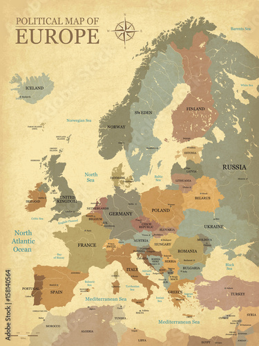 Map of Europe with capitals - Vintage texture - English/US language - Vector CMYK