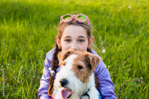 Fox terrier with beautifull dog. Muzzle dog. Best friend for people, for children. Friedship concept. photo