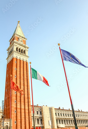EU, Italy and Venice flag at San Marco square, Venice, Italy