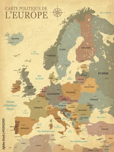 Obraz Mapa Europy ze stolicami - retro starodawny tekstura - francuskie teksty - wektor CMYK