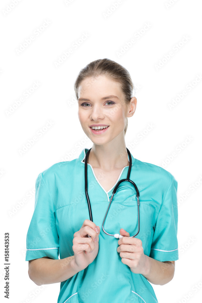 young smiling nurse with stethoscope looking at camera isolated on white young smiling nurse with stethoscope looking at camera isolated on white