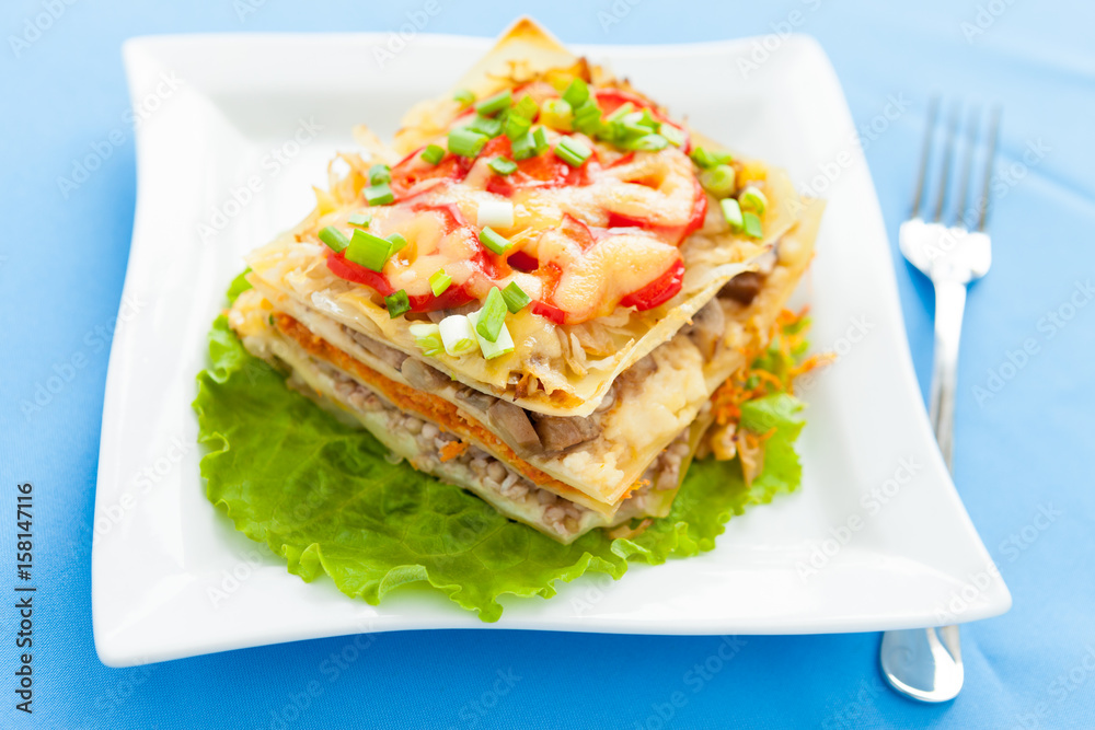 Freshly baked homemade lasagna with vegetables Freshly baked homemade lasagna with vegetables