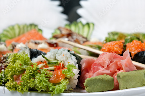 Sushi Assorted with Roll, Hand Roll, Sashimi, Ginger and Wasabi