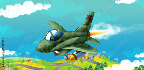 cartoon jet fighter flying over some city