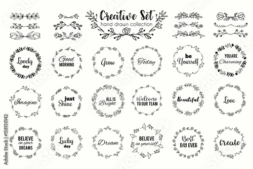 Floral wreath set. Hand drawn flourish frames. Dividers and borders. Herbal elements and flowers