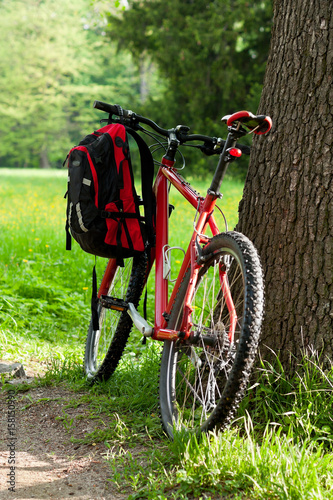 Bike and backpack among the green of nature in spring