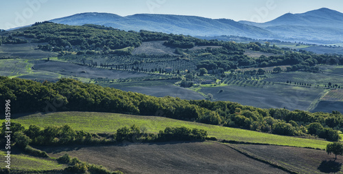 Pienza - Tuscany/Italy, October 30, 2016: Scenic Tuscany landscape with rolling hills and valleys in autumn, near Pienza - Val D'Orcia, Italy 