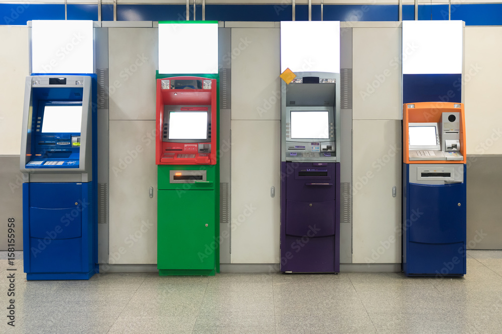 Automatic withdrawal device machine in subway. Colorful ATM machine. Automatic withdrawal device machine in subway. Colorful ATM machine.
