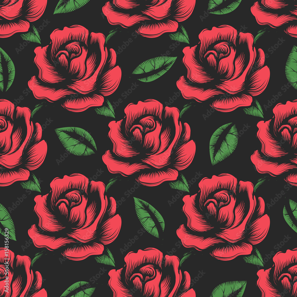 Red rose flower seamless pattern with green leaves on black background ...