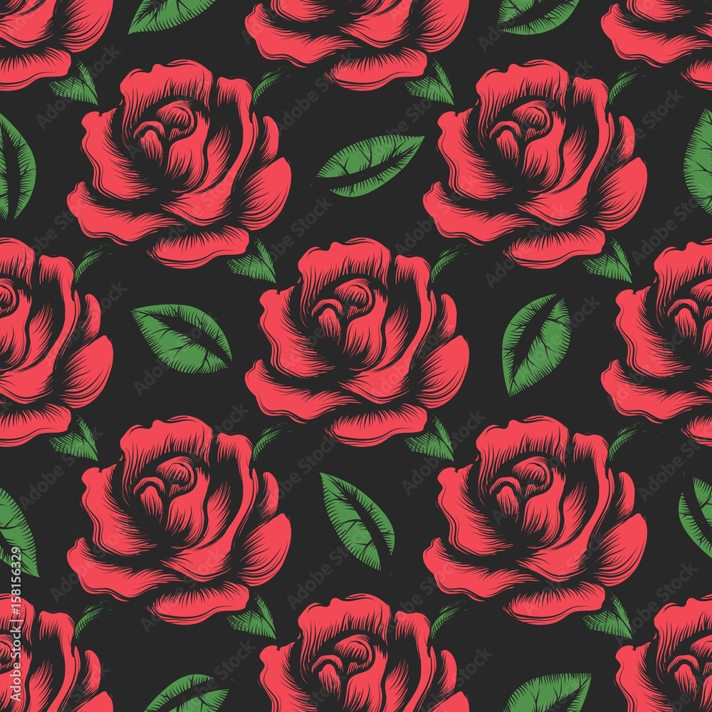 Red rose flower seamless pattern with green leaves on black background