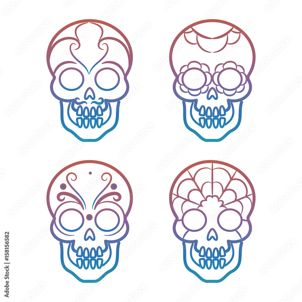 Colorful mexican skulls on white background, vector illustration