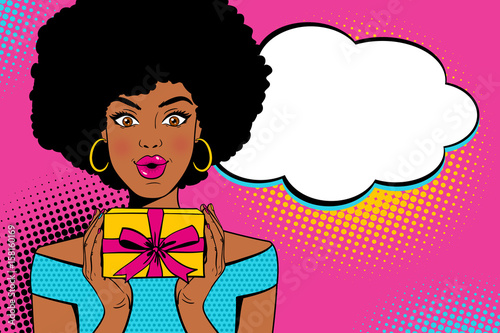 Wow pop art face. Young sexy surprised african american woman with open mouth holding bright gift box and empty speesh bubble. Vector background in retro comic pop art style.