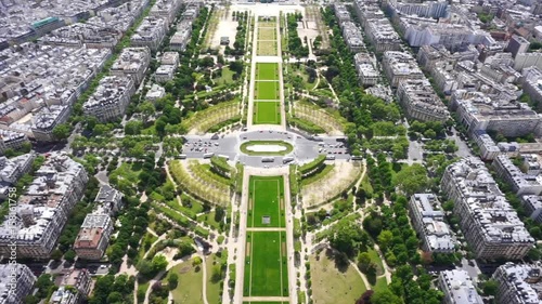 Aerial video of Champ de Mars area as seen from Eiffel Tower, Paris, France photo
