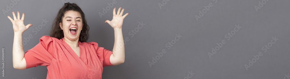 excited plus size woman enjoying herself with dynamic body language excited plus size woman enjoying herself with dynamic body language