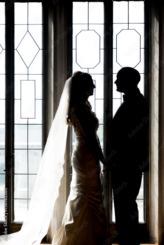 Silhouette of Bride and Groom in front of Tall Windows