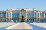 The facade of the Catherine Palace with Christmas tree in front of the main entrance. Tsarskoye Selo (Pushkin)